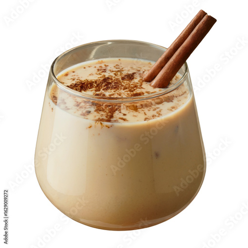 Delicious hot coffee or chocolate drink with cinnamon sticks and a splash of cream in a white mug