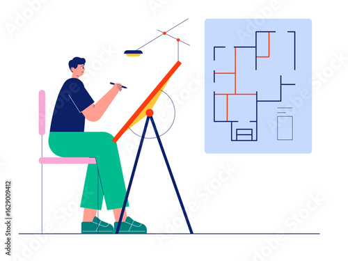 Architect working on foundation sketch for room division of house to be built. Architect illustration. Cartoon flat vector illustration.