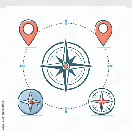 Directional compass rose and location pin vector icon set for mapping and GPS applications.