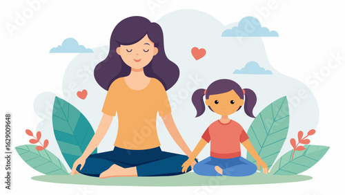 A mother and daughter holding hands and doing a guided meditation together focusing on positive affirmations and selflove..