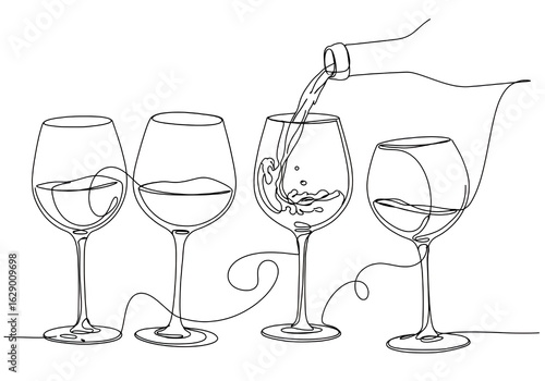Elegant single line drawing of wine glasses being filled with wine from a bottle