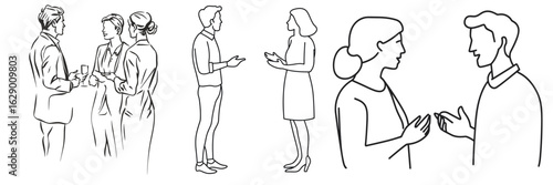 line art of people standing and talking in casual poses for illustration and sketch design