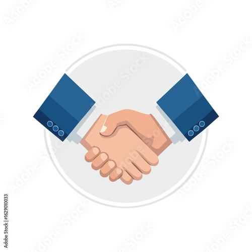 Modern 2D vector illustration of a business handshake symbolizing a corporate partnership and agreement. Flat design icon in blue and grey tones.