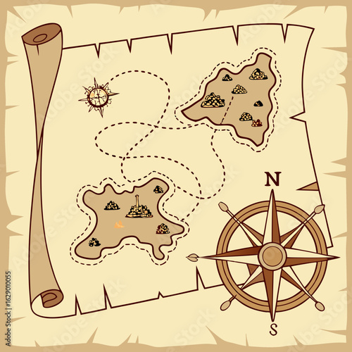 Antique Treasure Map with Compass and Islands
