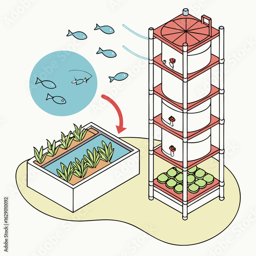 Aquaponics System Diagram:  Vertical Tower with Fish and Plants
