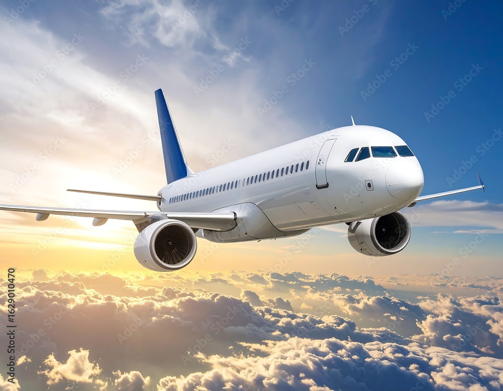 Obraz premium Airplane in flight above a sunset cloud layer