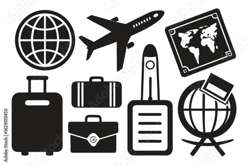 Embark on your next adventure with this dynamic collection of travel essentials including airplanes globes and luggage perfect for inspiring wanderlust and planning global journeys