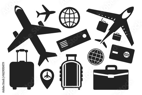 Embark on incredible journeys with this collection of essential travel icons, featuring passports, airplanes, luggage, and a rocket for exciting adventures and global exploration.