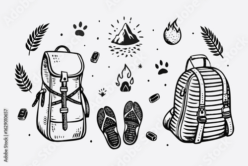 Embark on adventure with this collection of hiking essentials, featuring a durable backpack, comfortable footwear, and nature's footprints, perfect for outdoor exploration and travel themes.