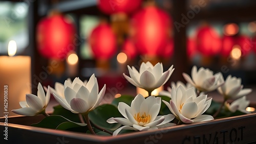 White lotus flowers on dark tray, candlelit with blurred red lanterns in background.