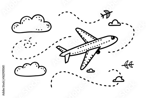 Whimsical airplane soars through clouds tracing a dotted flight path creating a sense of adventure and wanderlust for travel inspiration and exploration