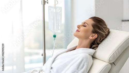 Luxury wellness photo showing infusion therapy with beauty-enhancing serum bag