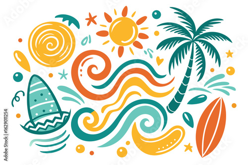 Vibrant tropical beach scene with playful palm trees, sun, waves, and surfboards evoking a fun summer vacation vibe and carefree holiday spirit