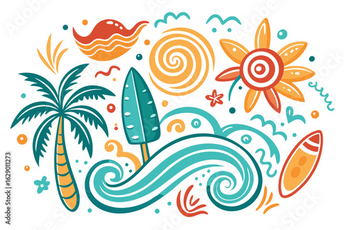 Vibrant tropical beach scene with a palm tree, surfboards, sun, and ocean waves evoking summer vacation fun and coastal adventure