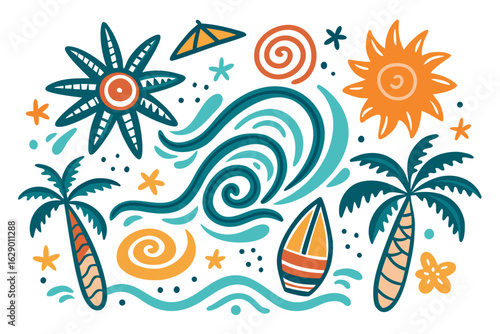 Vibrant tropical summer vacation scene featuring a sun, palm tree, waves, and surfboards evoking joyous beach holiday vibes perfect for travel marketing and seasonal promotions