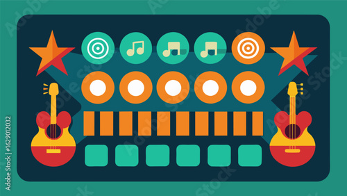 A punch card style loyalty card with each punch representing a different genre of music played at the bar from rock to jazz to electronic beats. Vector illustration