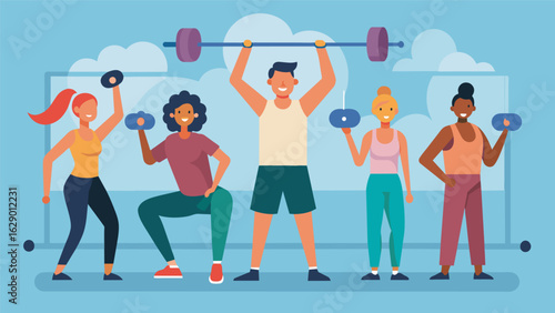 A gentle strength training class using light weights and resistance bands to build muscle and aid in physical recovery.. Vector illustration