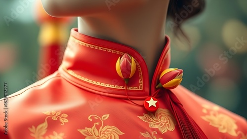 Traditional ao dai collar with golden embroidery and lotus buds, showcasing patriotic colors.