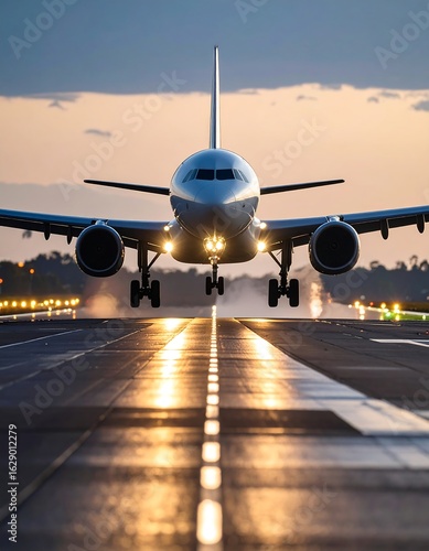 Airplane landing at dusk, runway lights reflecting on wet tarmac