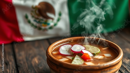 A steaming bowl of pozole soup garnished with radish and lime, set on a rustic wooden table with blurred patriotic colors.