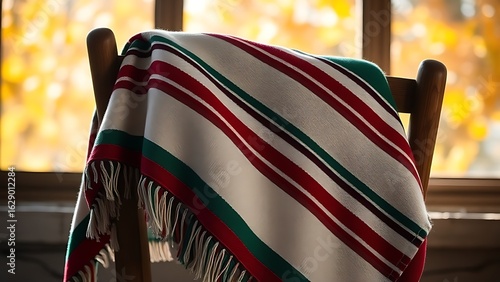 A traditional embroidered serape poncho in bold stripes of red, green, and white, draped over a rustic wooden chair with soft sunlight.