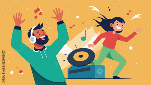 A burst of excitement erupts as the DJ unveils a rare and soughtafter vinyl record causing a flurry of dance moves at the silent disco. Vector illustration