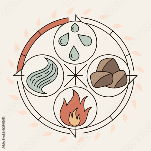 Circular Pastel Illustration of Four Elements: Earth, Water, Fire, Air