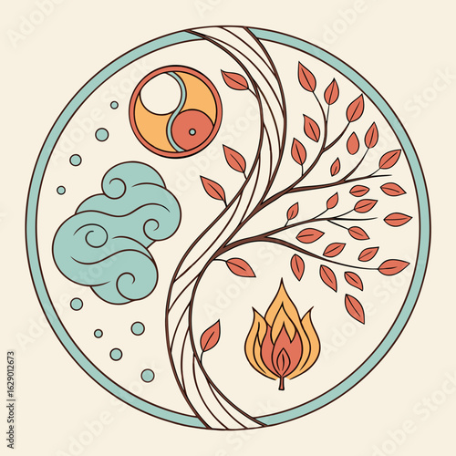 Circular Yin Yang Tree of Life Design with Four Elements