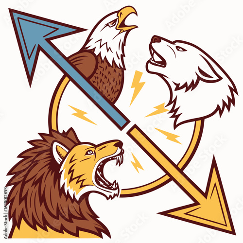 Clashing Animals: Eagle, Wolf, Lion and Arrows in Circular Design
