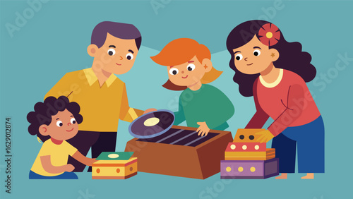 A familyfriendly event with kids digging through crates of records and comparing their finds with wideeyed wonder. Vector illustration