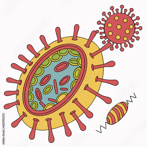 Colorful Illustration of Viruses and Cells Microbiology Science