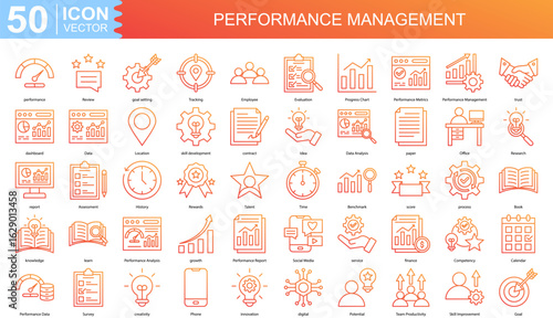 Performance Management icon collection set. Containing performance, Review, goal setting, Tracking, Employee, Evaluation icon