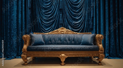 Dark blue sofa with gold decor