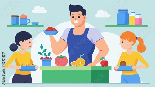 A fitness coach leads a session on meal prepping and shows how it can improve workout performance.. Vector illustration