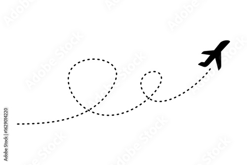 Tourism and travel concept icon showing airplane flight path with dotted line from origin to destination. Trip planning symbol in vector format.