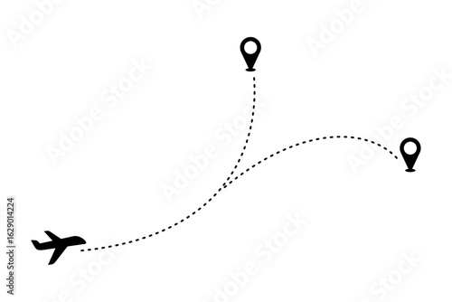Tourism and travel concept icon showing airplane flight path with dotted line from origin to destination. Trip planning symbol in vector format.
