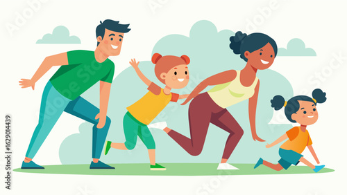 A family of five winding down for the night with a game of Relaxation Race where they have to complete different stretches and breathing exercises as. Vector illustration