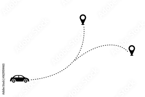 Tourism and travel concept icon showing car road path with dotted line from origin to destination. Trip planning symbol in vector format.