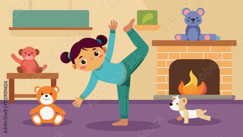A child pretending to be a gymnast reaching and twisting in front of the fireplace with their stuffed animals as an audience.. Vector illustration