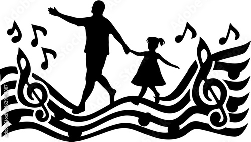 Silhouette of father and daughter walking on musical staff with musical notes floating around them