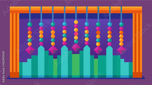 A lowhanging beaded curtain dividing a room into different sections each offering a different type of psychedelic therapy..