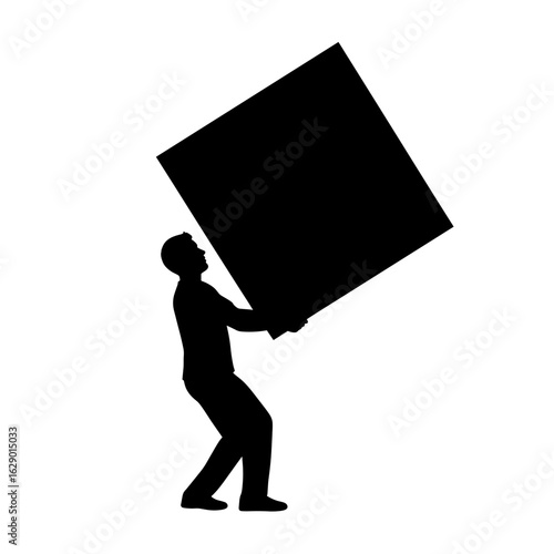 Silhouette of a man struggling to lift a large cube above his head with both hands in a strained pose