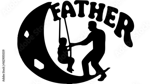 Silhouette of father pushing child on a swing hanging from the word father in a crescent moon shape