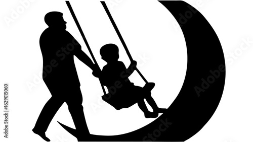 Silhouette illustration of a father pushing his child on a swing set against a crescent moon backdrop