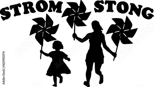 Silhouette of mother and child holding pinwheels with strom strong text above them in black