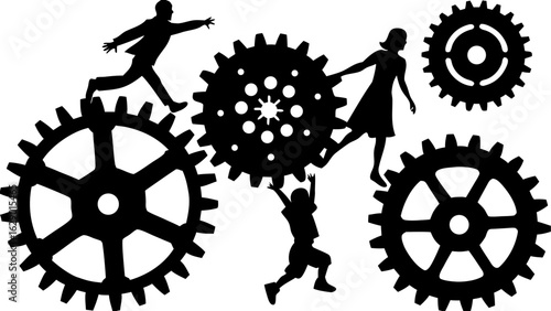 Silhouetted people climbing and interacting with gears representing teamwork and collaboration concept