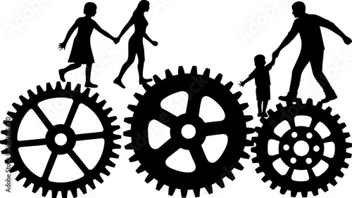 Silhouette of a family walking on gears representing teamwork and progress in a mechanical environment