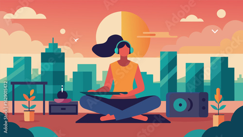 A city rooftop garden where a yoga instructor plays serene vinyl records during a sunrise yoga session. Vector illustration
