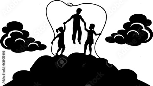 Silhouette of father and two daughters jumping rope on a hill with clouds in the background in black and white
