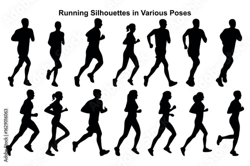 
Black Silhouettes of Running People in Various Poses